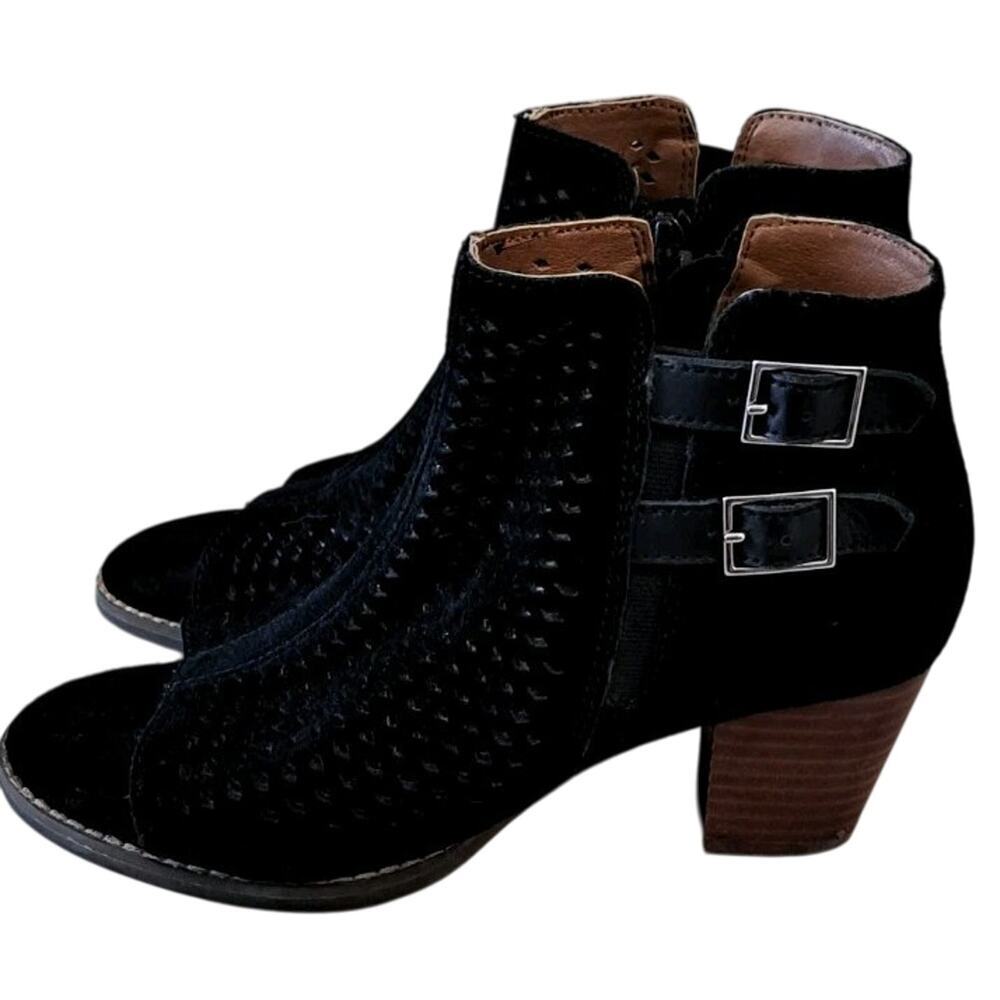 Vionic Women's Chryssa Open Toe Suede Heeled Ankle Booties Boots 6 Black Zip